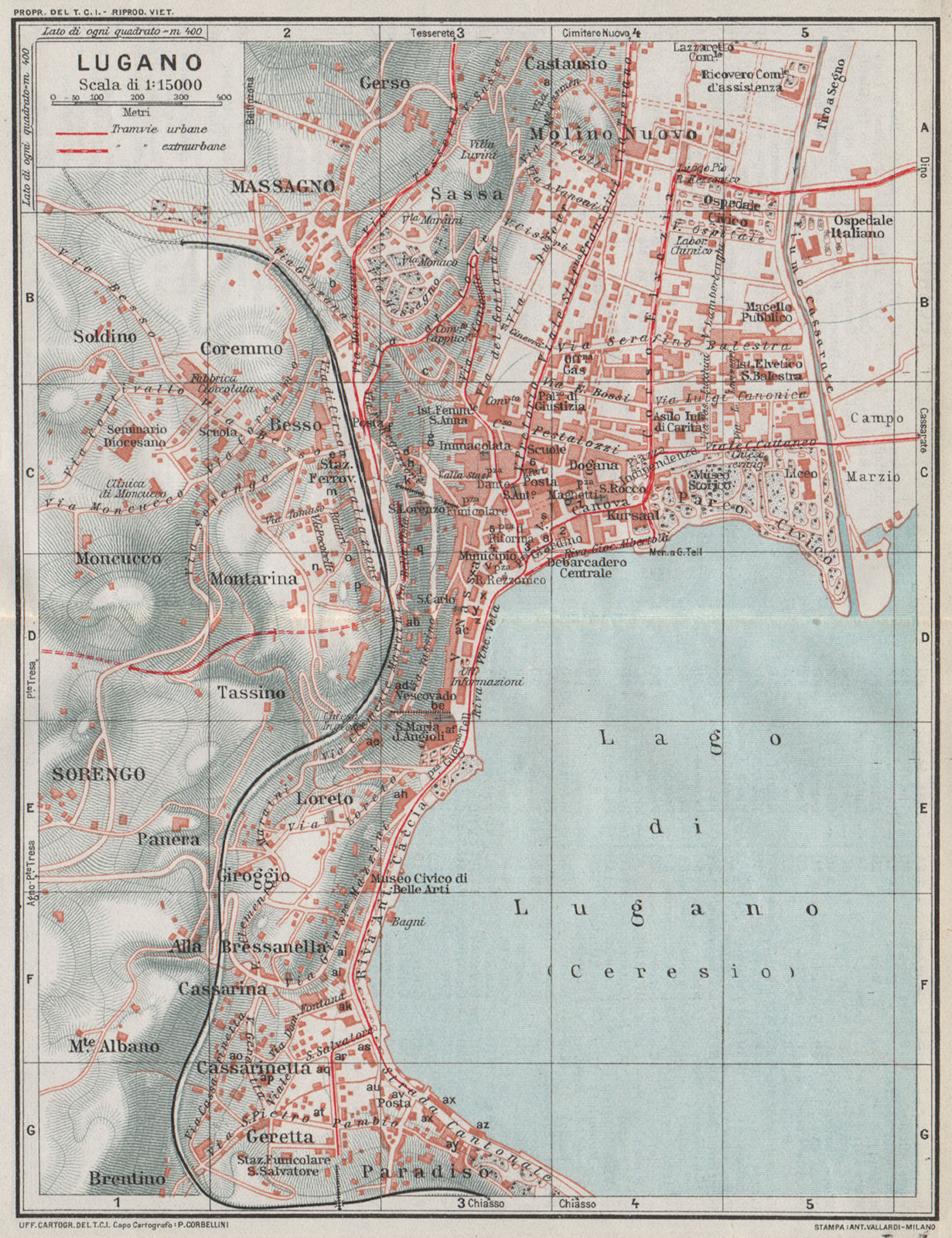 LUGANO. Vintage town city map plan. Switzerland 1924 old antique chart